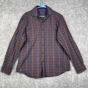 Tasso Elba Mens L Button Up Long Sleeve Shirt Blue Orange Check Adult Office